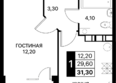 СМАРТПОЛЕТ, литер 10.2: Планировка 1-комн 31,3 - 32 м²