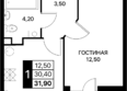 СМАРТПОЛЕТ, литер 10.2: Планировка 1-комн 31,9 м²