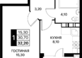 СМАРТПОЛЕТ, литер 10.2: Планировка 1-комн 32,2 - 32,5 м²