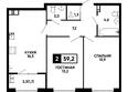 Печорин, литер 1: Планировка 2-комн 59,2, 59,7 м²