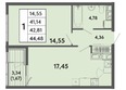 Панорама парк, литер 1: Планировка 1-комн 42,81, 43,14 м²
