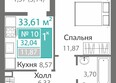 Горизонты 2 : Планировка 1-комн 32,04 м²