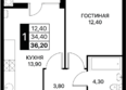 СМАРТПОЛЕТ, литер 8.2: Планировка 1-комн 35,9, 36,2 м²