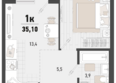 Барса, 1В литер: Планировка 1-комн 35,1 м²