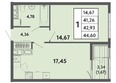 Панорама парк, литер 1: Планировка 1-комн 42,93, 43,32 м²