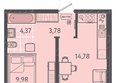 Теплые края, литер 1: Планировка 1-комн 34,43 м²