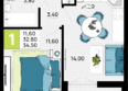 Традиции, Литер 1: Планировка 1-комн 34,5 м²