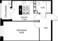 СМАРТПОЛЕТ, литер 10.1: Планировка 1-комн 40,4 - 41,1 м²