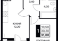 СМАРТПОЛЕТ, литер 8.2: Планировка 1-комн 31,8, 32,2 м²