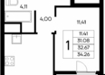Новый Судак, 1 этап: Планировка 1-комн 34,26 - 35,36 м²