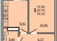 Фрейм, 11Б: Планировка 1-комн 35,1 м²