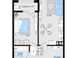 Продается 1-комнатная квартира ЖК Резиденция морей, корпус А, 51.91  м², 13369421 рублей