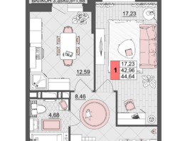 Продается 1-комнатная квартира ЖК Лучший, литер 2, 44.64  м², 6696000 рублей