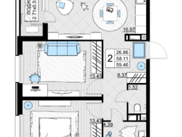 Продается 2-комнатная квартира ЖК Фонтаны, литер 19, 59.46  м², 10702800 рублей