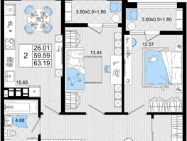 Продается 2-комнатная квартира ЖК Резиденция морей, корпус В, 63.19  м², 14233548 рублей