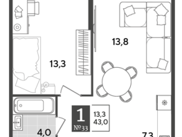 Продается 1-комнатная квартира ЖК Порто-Ново, литера 6, 43 м², 7201726 рублей
