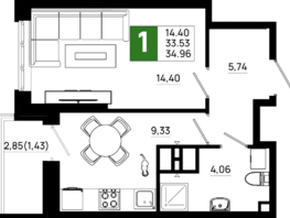 Продается 1-комнатная квартира ЖК Октябрь Парк, 6.2, 34.96 м², 4824480 рублей