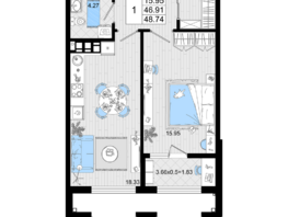 Продается 1-комнатная квартира ЖК Резиденция морей, корпус В, 48.74  м², 12014410 рублей