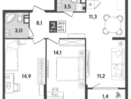Продается 2-комнатная квартира ЖК Порто-Ново, литера 5, 67.5 м², 9896040 рублей
