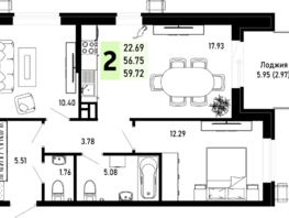 Продается 2-комнатная квартира ЖК Усадьба Гостагаевская, корпус 3, 59.72  м², 13138400 рублей