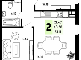 Продается 2-комнатная квартира ЖК Усадьба Гостагаевская, корпус 2, 51.11  м², 11244200 рублей