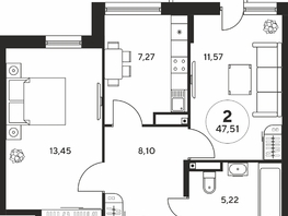 Продается 2-комнатная квартира ЖК Гринсайд, 5.1-5.5, 47.37  м², 6450000 рублей