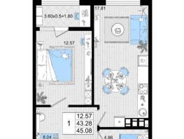 Продается 1-комнатная квартира ЖК Резиденция морей, корпус В, 45.08  м², 10729040 рублей