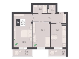 Продается 2-комнатная квартира ЖК Курортный, этап 1, корпус 1, 66.8  м&sup2;