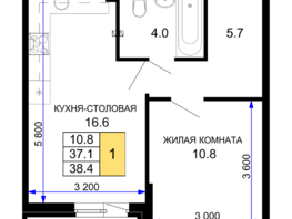 Продается 1-комнатная квартира ЖК Дыхание, литер 29, 38.4 м², 5491200 рублей