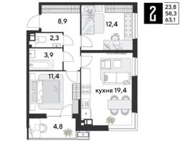 Продается 2-комнатная квартира ЖК Парк Победы 2, литера 28, 63.1 м², 9540720 рублей