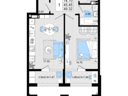 Продается 1-комнатная квартира ЖК Резиденция морей, корпус В, 49.32  м², 12157380 рублей