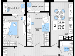 Продается 2-комнатная квартира ЖК Резиденция морей, корпус Б, 63.76  м², 15066488 рублей