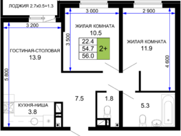 Продается 2-комнатная квартира ЖК Дыхание, литер 27, 56  м², 7000000 рублей