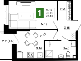Продается 1-комнатная квартира ЖК Октябрь Парк, 4.1, 36.55 м², 4970800 рублей
