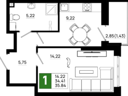Продается 1-комнатная квартира ЖК Октябрь Парк, 6.1, 35.84 м², 4945920 рублей
