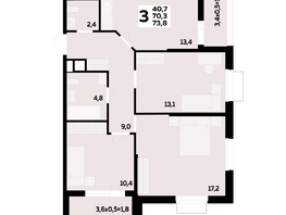 Продается 3-комнатная квартира ЖК МЕГАСИТИ, литера 1.2, 73.8  м², 9943720 рублей