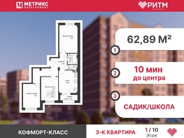 Продается 3-комнатная квартира ЖК Ритм, литер 3, 62.89  м², 7422000 рублей