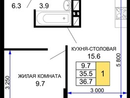 Продается 1-комнатная квартира ЖК Дыхание, литер 16, 36.7  м², 3700500 рублей