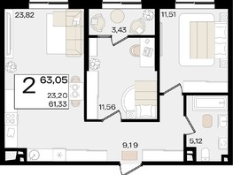 Продается 2-комнатная квартира ЖК Патрики, литер 1.3, 63.05  м², 16670420 рублей