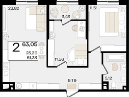 Продается 2-комнатная квартира ЖК Патрики, литер 1.3, 63.05  м², 17616170 рублей