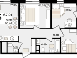 Продается 3-комнатная квартира ЖК Патрики, литер 1.4, 67.21  м², 19269107 рублей