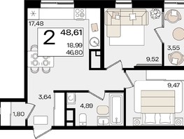 Продается 2-комнатная квартира ЖК Патрики, литер 1.2, 48.61  м², 14500363 рублей