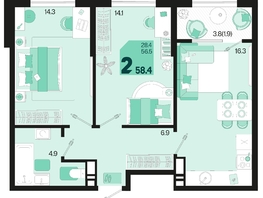 Продается 2-комнатная квартира ЖК Первое место, квартал 1.2, литер 2, 58.4  м², 8234400 рублей