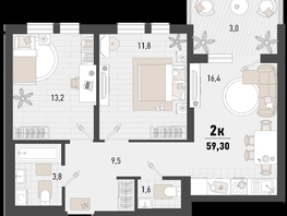 Продается 2-комнатная квартира ЖК Барса, 4В литер, 59.3  м², 16432030 рублей