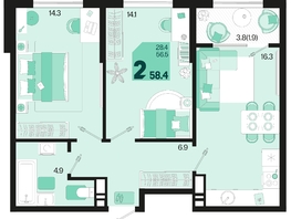 Продается 2-комнатная квартира ЖК Первое место, квартал 1.10 литер 1, 58.4  м², 9168800 рублей