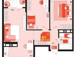 Продается 3-комнатная квартира ЖК Первое место, квартал 1.2, литер 2, 64.8  м², 9720000 рублей