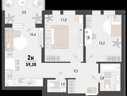 Продается 2-комнатная квартира ЖК Барса, 3В литер, 59.3  м², 16331220 рублей