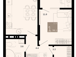 Продается 1-комнатная квартира ЖК Хозяин морей, литер 1, 36.1  м², 12021300 рублей