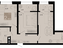 Продается 2-комнатная квартира ЖК Хозяин морей, литер 1, 57.4  м², 17736600 рублей