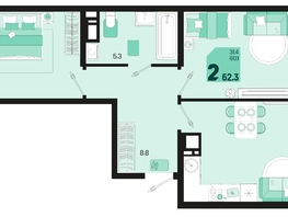 Продается 2-комнатная квартира ЖК Первое место, квартал 1.4, литер 2, 62.3  м², 7974400 рублей